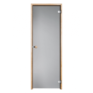 Saunan lasiovi harmaa tervaleppä karmilla ja nuppivetimellä