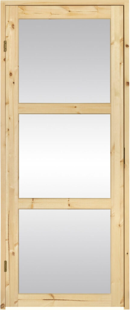 Kaskipuu sauna ovi kolmella lasilla ja puuhekyhkellä