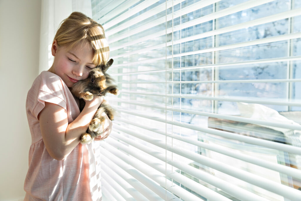 Ikkunassa sälekaihtimet ja tyttö pitää pupu sylissä