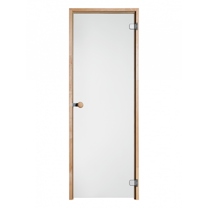 Saunan lasiovi puu karmilla, kirkkaalla lasilla ja nuppivetimellä