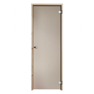 Saunan lasiovi puu karmilla, pronssi lasilla ja nuppivetimellä