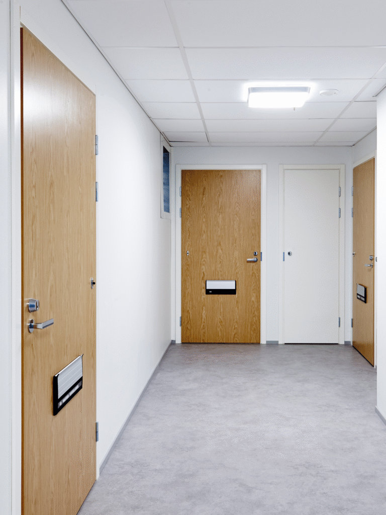 Kerrostalon huoneistojen ulko-ovia swedoor fire 810 tammipystyviilu