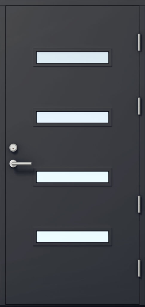 tumman harmaa ulko-ovi neljällä vaaka lasiaukolla