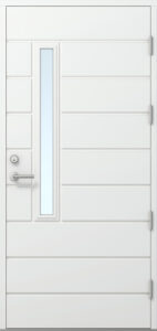 valkoinen ulko-ovi pysty lasiaukolla ja vaakaura kuviolla