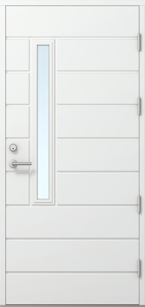 valkoinen ulko-ovi pysty lasiaukolla ja vaakaura kuviolla
